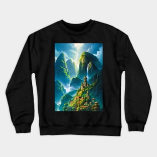 Waterfall Over a Lovely Fantasy Village Crewneck Sweatshirt